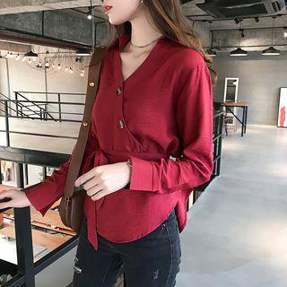 V-neck Diagonal Button Lace-up Blouse