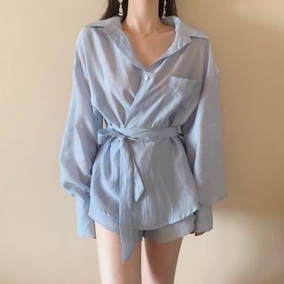 Long-sleeve Wrap Top / Wide-leg Shorts / Set