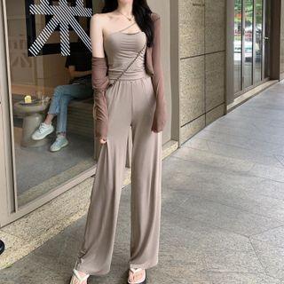 One-shoulder Camisole Top / High-waist Wide-leg Pants / Lace Trim Cardigan
