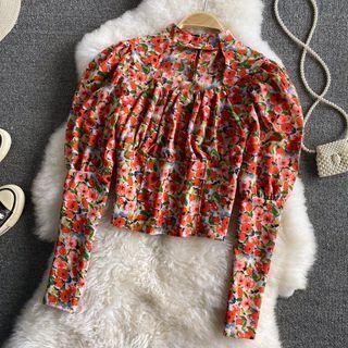 Keyhole Floral Puff Long Sleeve Shirt