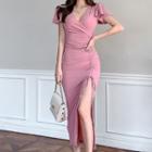 Short-sleeve Drawstring Midi Bodycon Dress