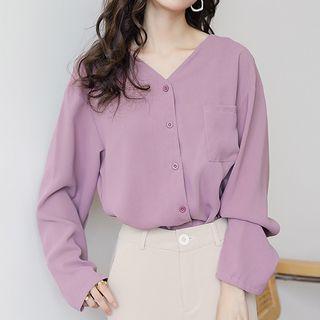 V-neck Buttoned Blouse Light Purple - One Size