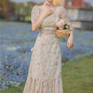 Short-sleeve Square-neck Floral Embroidered Midi Dress