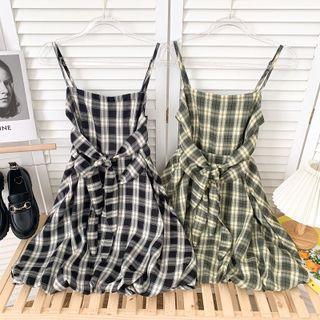 Sleeveless Tie-waist Checker Mini Dress