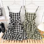 Sleeveless Tie-waist Checker Mini Dress