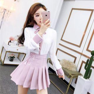 Set: Tie Neck Shirt + Pleated Skirt