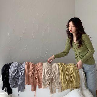 V-neck Plain Drawstring Knit Top