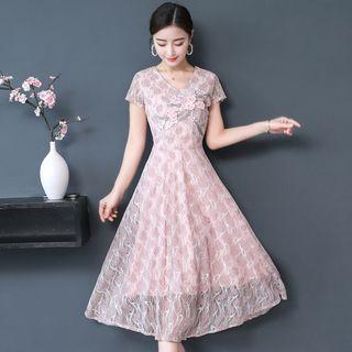 Short-sleeve Embroidered A-line Midi Lace Dress