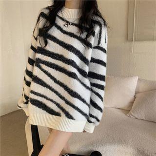 Mock-neck Printed Zebra Oversize Sweater White - One Size