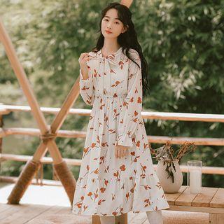 Floral Long-sleeve Tie-neck Dress