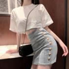 Short-sleeve Cropped T-shirt / Lettering Cropped Tank Top / Fitted Mini Denim Skirt