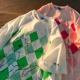 Short-sleeve Argyle Cartoon Print T-shirt