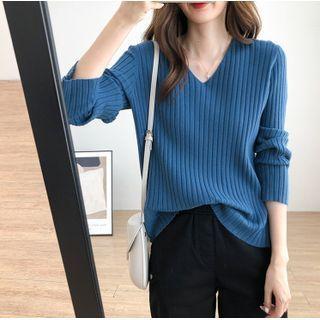 V-neck Plain Rib Knit Top