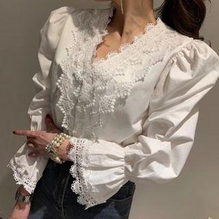 Crochet Trim Flared-cuff Blouse