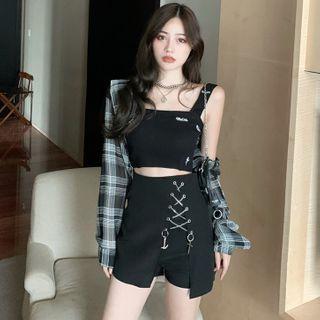 Chain-accent Mini Skort / Knit Bralette / Cropped Plaid Shirt