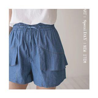 Band-waist Frilled-detail Denim Shorts