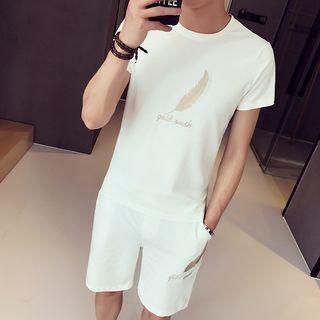 Set: Short-sleeve Feather Embroidery T-shirt + Shorts