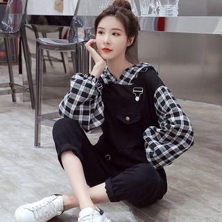 Plaid Panel Hoodie / Straight-cut Jumper Jeans / Set
