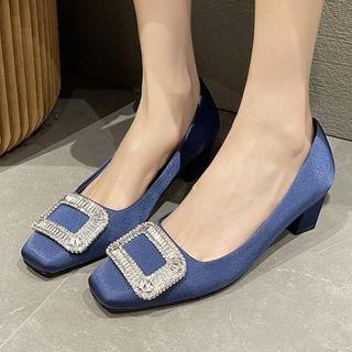 Rhinestone Buckled Chunky Heel Flats