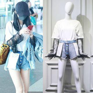 Long-sleeve Lace-up Top / Denim Shorts
