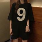 Number Print Oversize Elbow-sleeve T-shirt