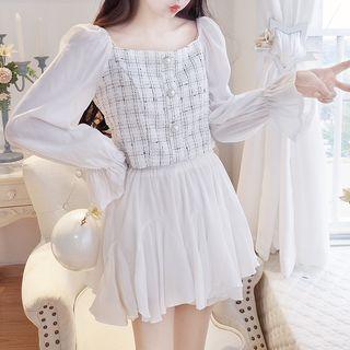 Set: Check Panel Ruffled Top + Pleated Skirt