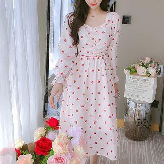 Long-sleeve Square Neck Polka-dot A-line Dress