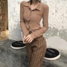 Long-sleeve Polo Shirt / Plaid Wide Leg Pants