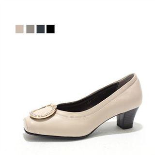 Genuine Leather Rhinestone-trim Pumps