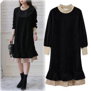 Lace Hem Long Sleeve Midi Dress