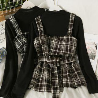 Set: Plain Mock-neck Top + Plaid Wool Vest With Belt