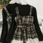 Set: Plain Mock-neck Top + Plaid Wool Vest With Belt