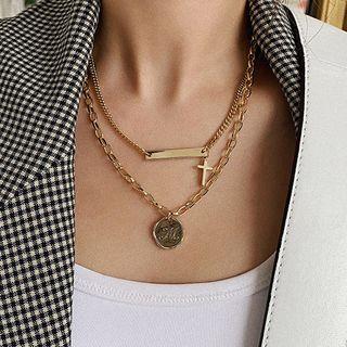 Alloy Coin Bar & Cross Pendant Layered Necklace Layered Necklace - One Size