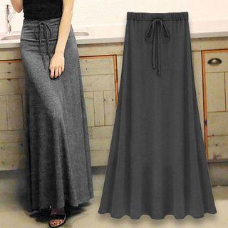 Plain Drawstring Maxi Flared Skirt