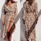 Long Sleeve Floral Print V-neck Slit Dress