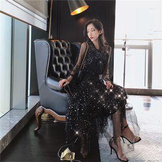 See-through Long-sleeve Blouse / Mesh Skirt