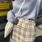 Plain Knit Top / Plaid Straight Fit Midi Skirt