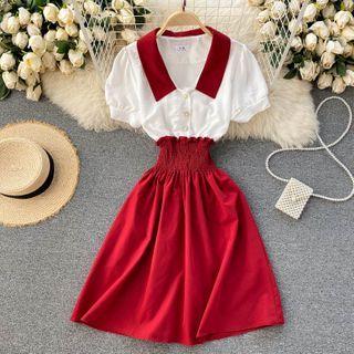 Collared Two-tone Panel Midi A-line Dress