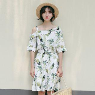Pineapple Print Cold Shoulder Elbow-sleeve A-line Dress