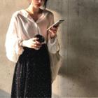 Lantern-sleeve Blouse / Midi Accordion Pleat Dotted Skirt