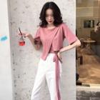 Elbow-sleeve Slit T-shirt / Cropped Straight Fit Pants