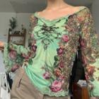 Bell-sleeve Floral Print Lace-trim Top