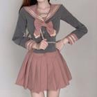 Long-sleeve Sailor Collar Bow Accent Shirt / Mini Pleated Skirt