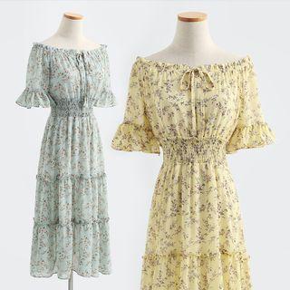 Short-sleeve Off-shoulder Flower Print Midi A-line Dress