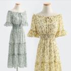 Short-sleeve Off-shoulder Flower Print Midi A-line Dress