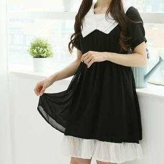 Collared Chiffon Two-tone Dress One Size