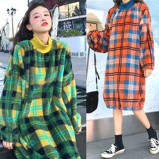 Mock Neck Fleece Plaid Dress