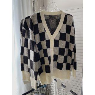 Check Cardigan Sweater - Check - Gray & Black - One Size