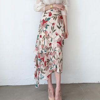 Asymmetric Floral Chiffon A-line Midi Skirt