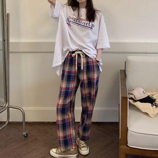 Lettering Cutout-back T-shirt / Plaid Straight Leg Pants